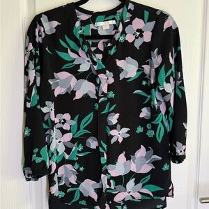 C&E Floral Black Blouse with Pink and Green Accents